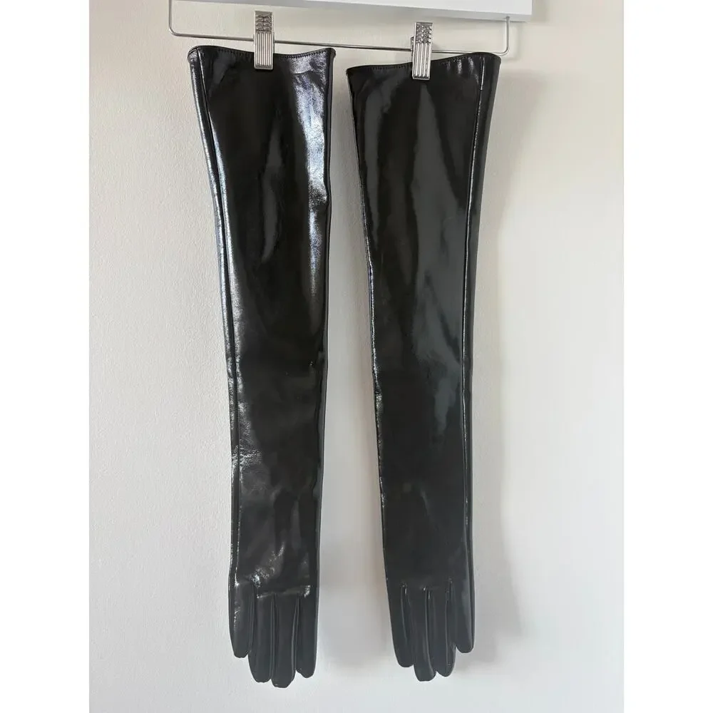 Black Faux Patent Opera Long Gloves Whimsigoth Goth Dominatrix Steampunk Cosplay